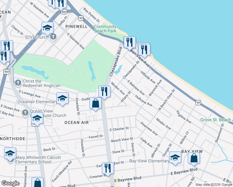 map of restaurants, bars, coffee shops, grocery stores, and more near 1019 Modoc Avenue in Norfolk