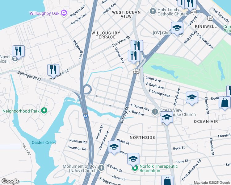 map of restaurants, bars, coffee shops, grocery stores, and more near 130 West Leicester Avenue in Norfolk