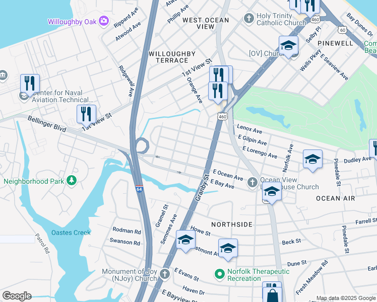 map of restaurants, bars, coffee shops, grocery stores, and more near 136 West Leicester Avenue in Norfolk