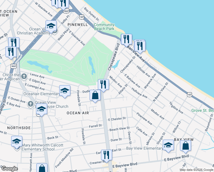 map of restaurants, bars, coffee shops, grocery stores, and more near 911 Apex Street in Norfolk