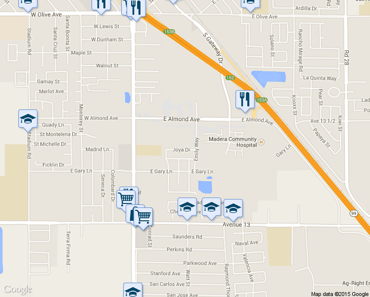 map of restaurants, bars, coffee shops, grocery stores, and more near 461 Joya Drive in Madera