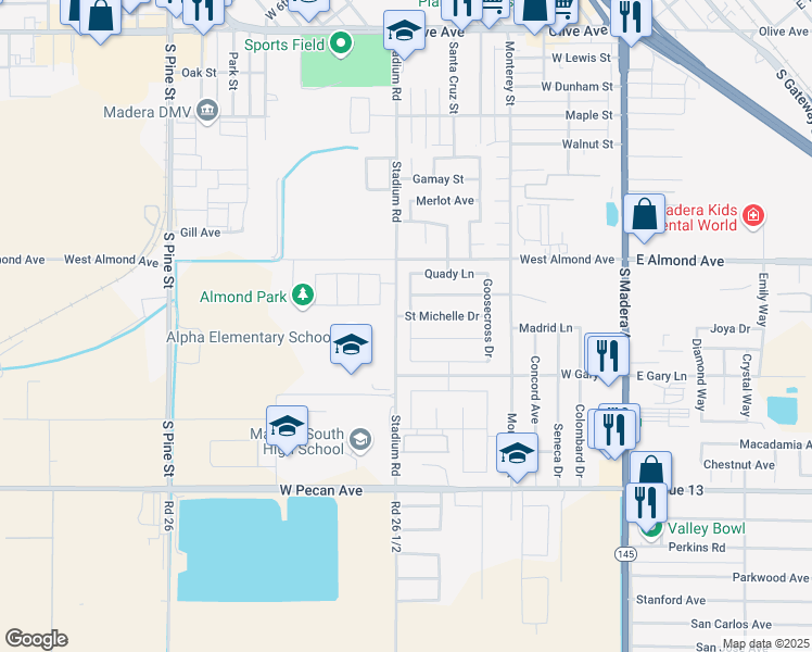 map of restaurants, bars, coffee shops, grocery stores, and more near 1082 Cosentino Drive in Madera
