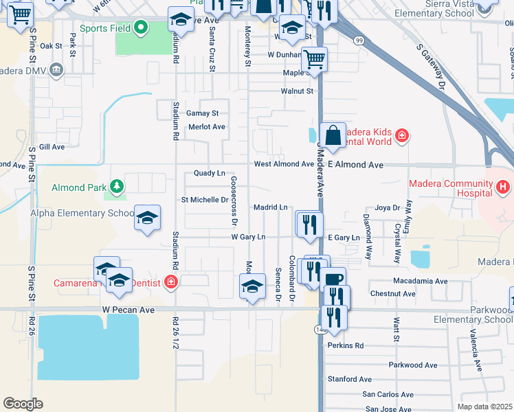 map of restaurants, bars, coffee shops, grocery stores, and more near 387 Madrid Lane in Madera
