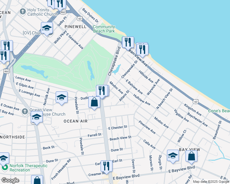 map of restaurants, bars, coffee shops, grocery stores, and more near 1019 Modoc Avenue in Norfolk