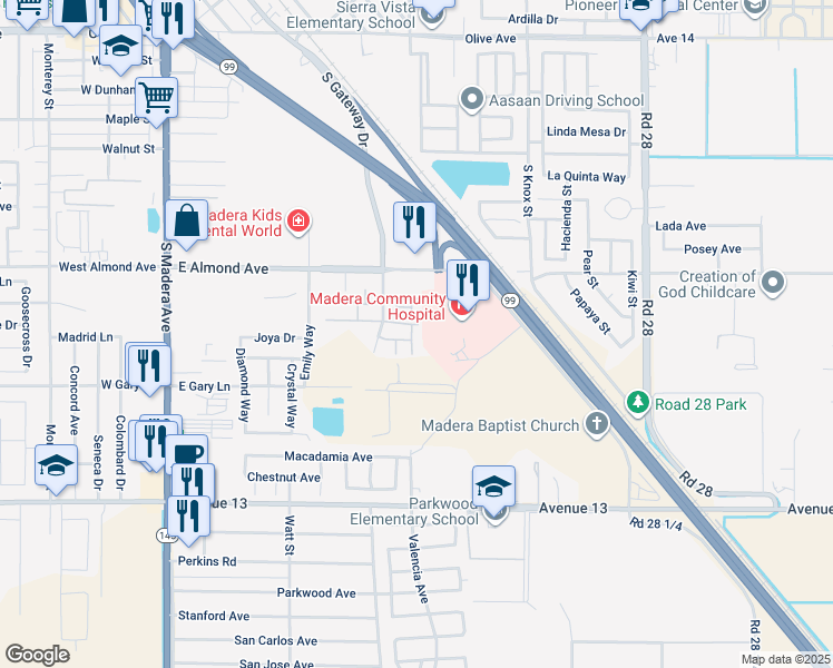 map of restaurants, bars, coffee shops, grocery stores, and more near 1025 Barnett Way in Madera