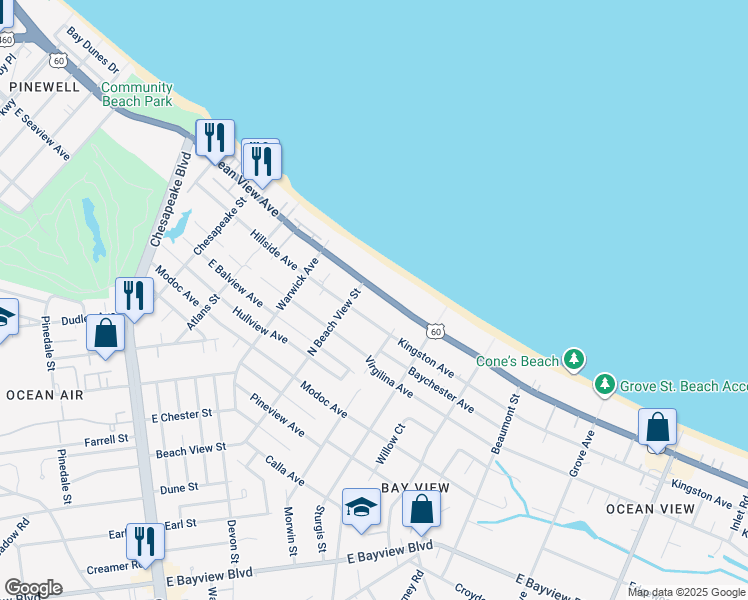 map of restaurants, bars, coffee shops, grocery stores, and more near 1325 East Ocean View Avenue in Norfolk