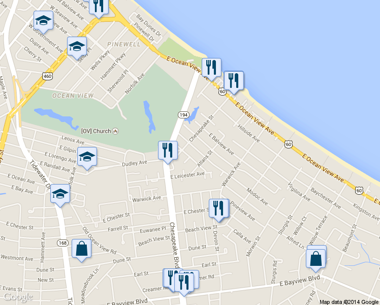 map of restaurants, bars, coffee shops, grocery stores, and more near 1019 Modoc Avenue in Norfolk