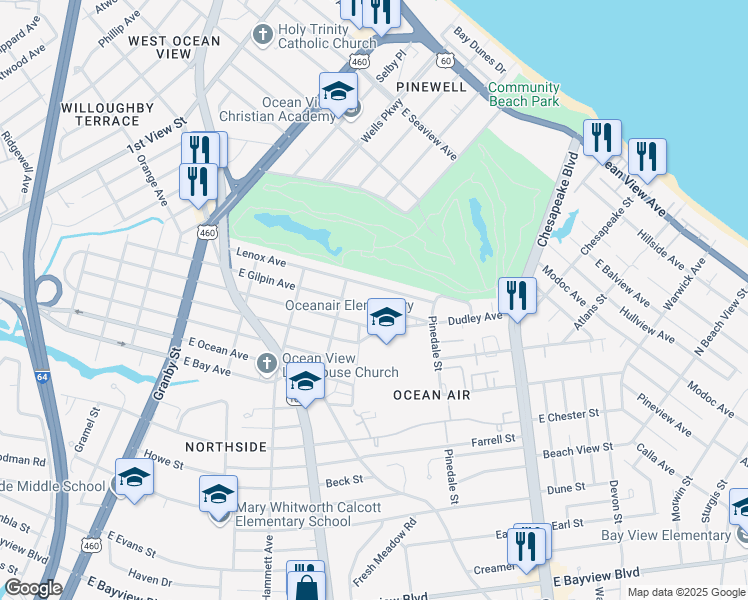 map of restaurants, bars, coffee shops, grocery stores, and more near 412 East Gilpin Avenue in Norfolk
