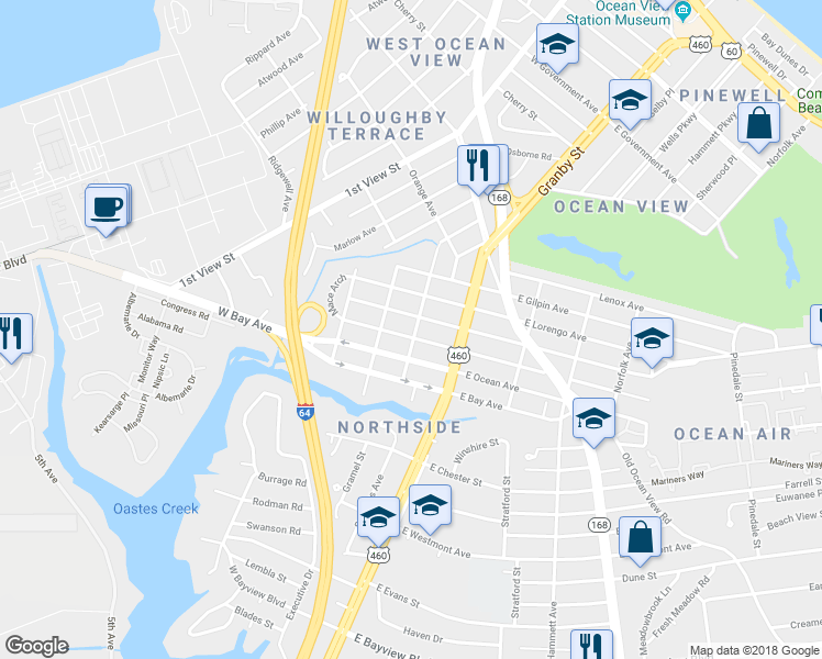 map of restaurants, bars, coffee shops, grocery stores, and more near 130 West Leicester Avenue in Norfolk