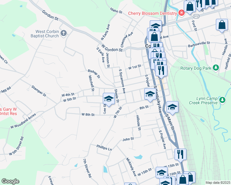 map of restaurants, bars, coffee shops, grocery stores, and more near 402 Steele Street in Corbin