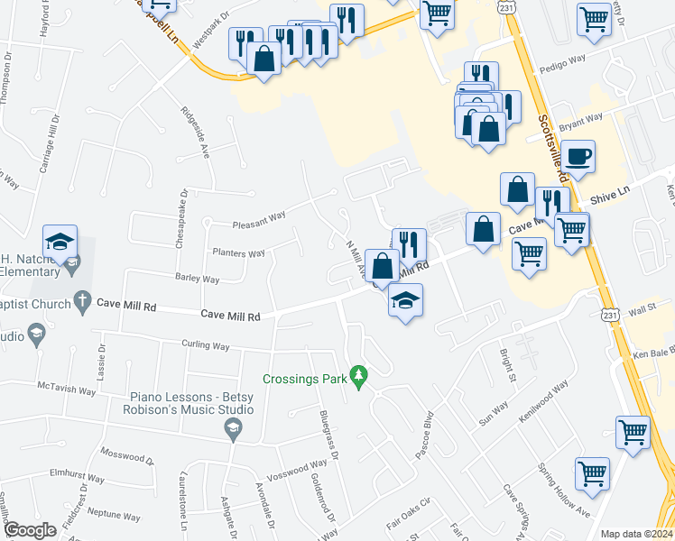 map of restaurants, bars, coffee shops, grocery stores, and more near 1750 Cave Mill Road in Bowling Green