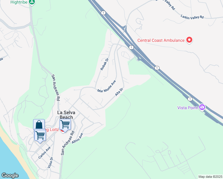 map of restaurants, bars, coffee shops, grocery stores, and more near 57 Mar Monte Avenue in La Selva Beach