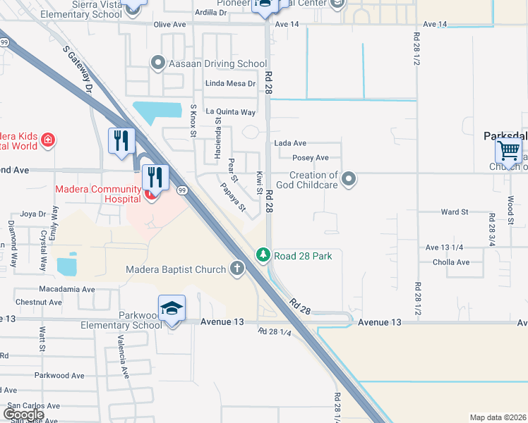 map of restaurants, bars, coffee shops, grocery stores, and more near 933 Kiwi Street in Madera