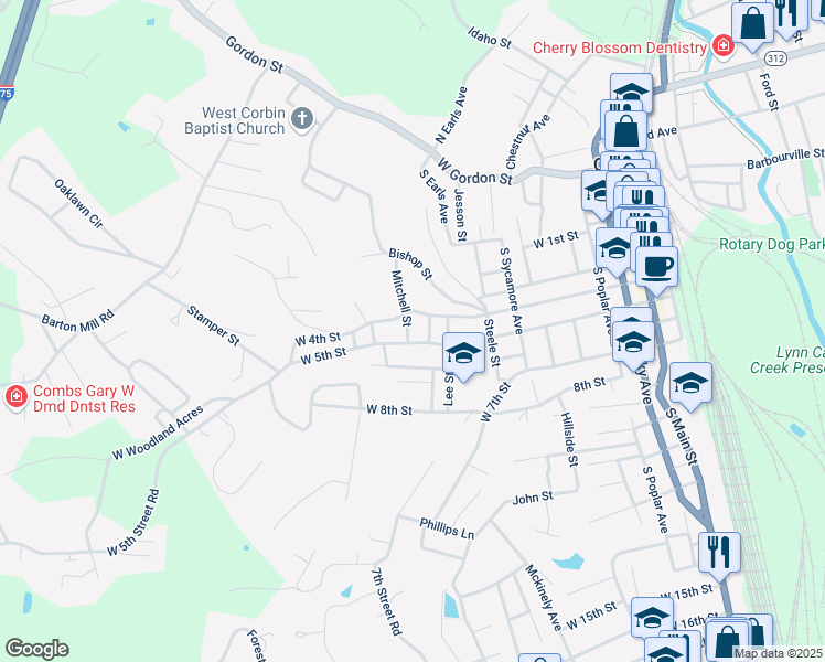 map of restaurants, bars, coffee shops, grocery stores, and more near 830 1/2 West 5th Street in Corbin