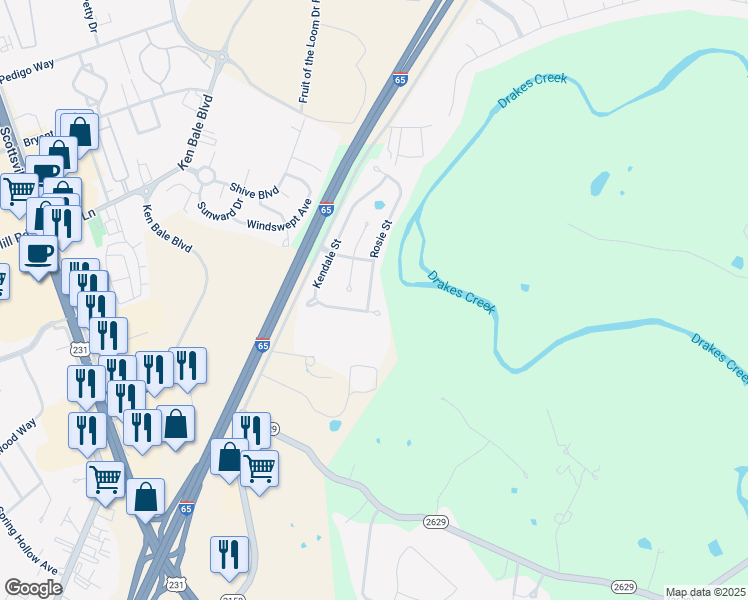 map of restaurants, bars, coffee shops, grocery stores, and more near 104 Rosie Street in Bowling Green