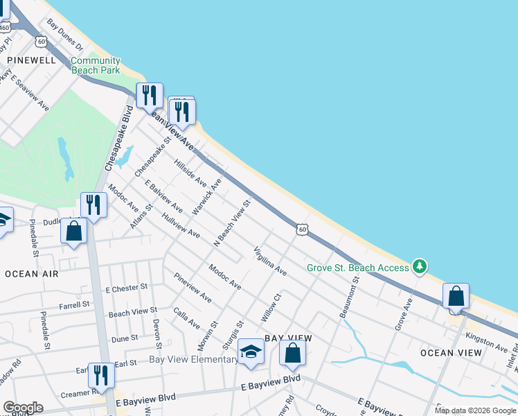 map of restaurants, bars, coffee shops, grocery stores, and more near 1325 East Ocean View Avenue in Norfolk