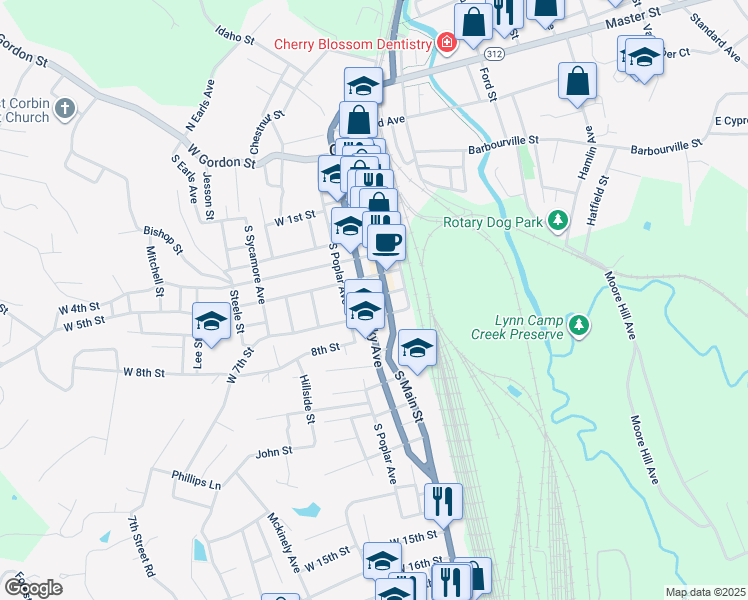 map of restaurants, bars, coffee shops, grocery stores, and more near 601 South Kentucky Avenue in Corbin