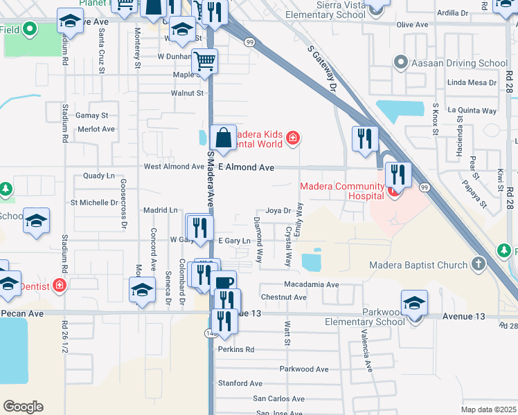 map of restaurants, bars, coffee shops, grocery stores, and more near 303 Joya Drive in Madera