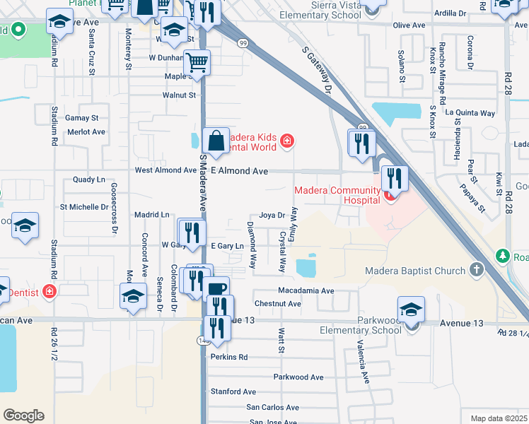 map of restaurants, bars, coffee shops, grocery stores, and more near 381 Joya Drive in Madera