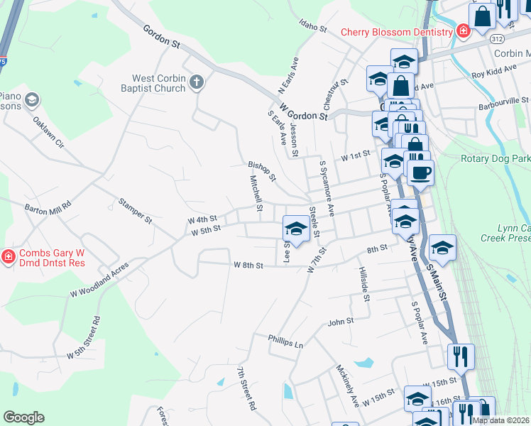 map of restaurants, bars, coffee shops, grocery stores, and more near 830 1/2 West 5th Street in Corbin