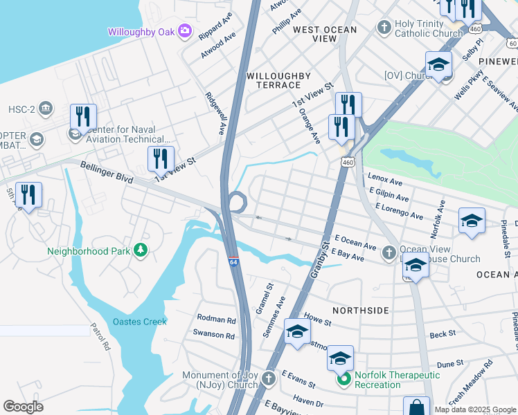 map of restaurants, bars, coffee shops, grocery stores, and more near 195 West Leicester Avenue in Norfolk