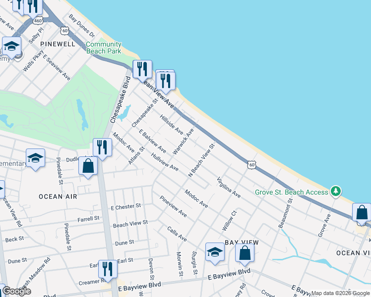 map of restaurants, bars, coffee shops, grocery stores, and more near 9531 Warwick Avenue in Norfolk