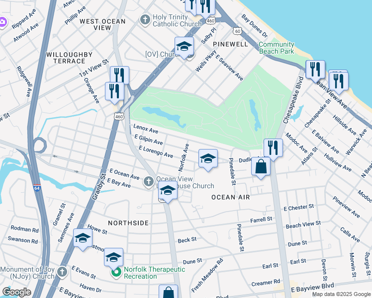 map of restaurants, bars, coffee shops, grocery stores, and more near 9223 Norfolk Avenue in Norfolk