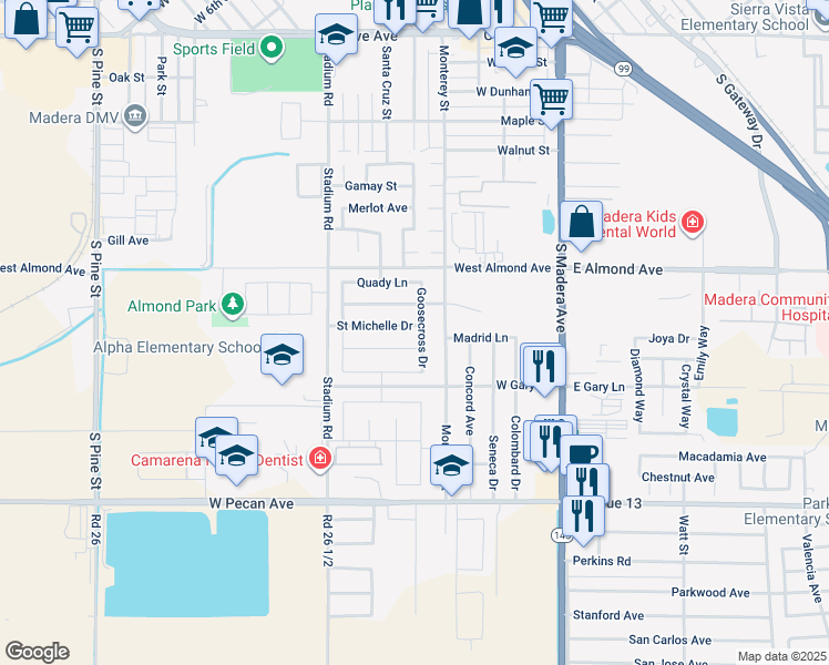 map of restaurants, bars, coffee shops, grocery stores, and more near 504 Saint Michelle Drive in Madera