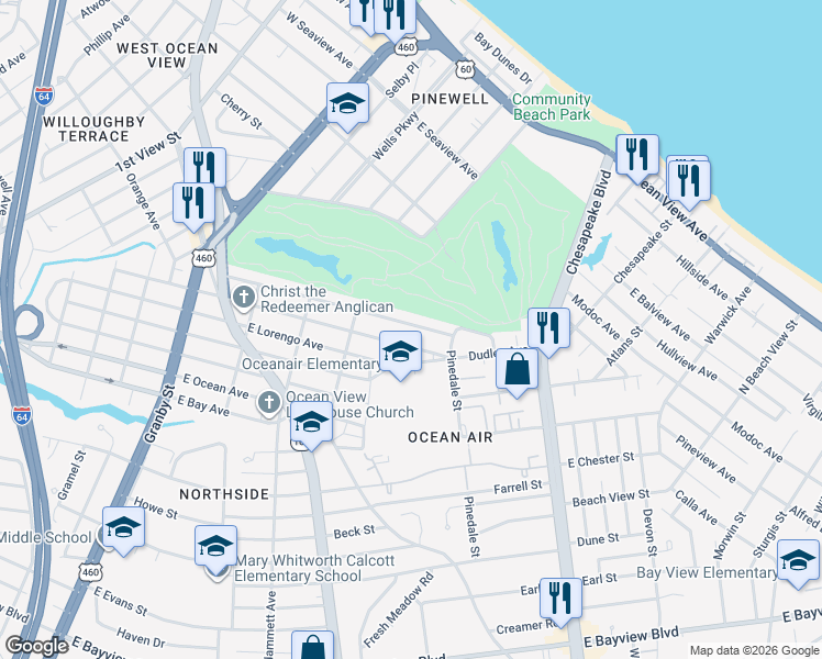map of restaurants, bars, coffee shops, grocery stores, and more near 505 Lenox Avenue in Norfolk