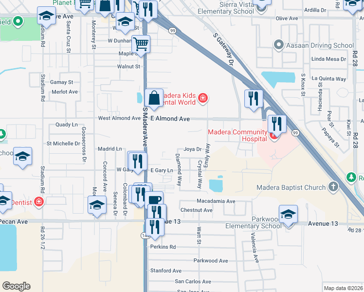 map of restaurants, bars, coffee shops, grocery stores, and more near 365 Joya Drive in Madera