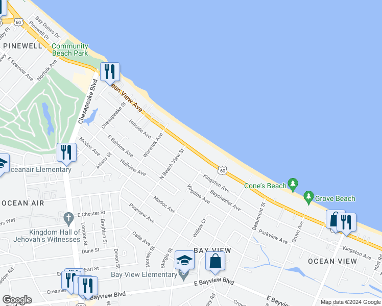 map of restaurants, bars, coffee shops, grocery stores, and more near 1325 East Ocean View Avenue in Norfolk