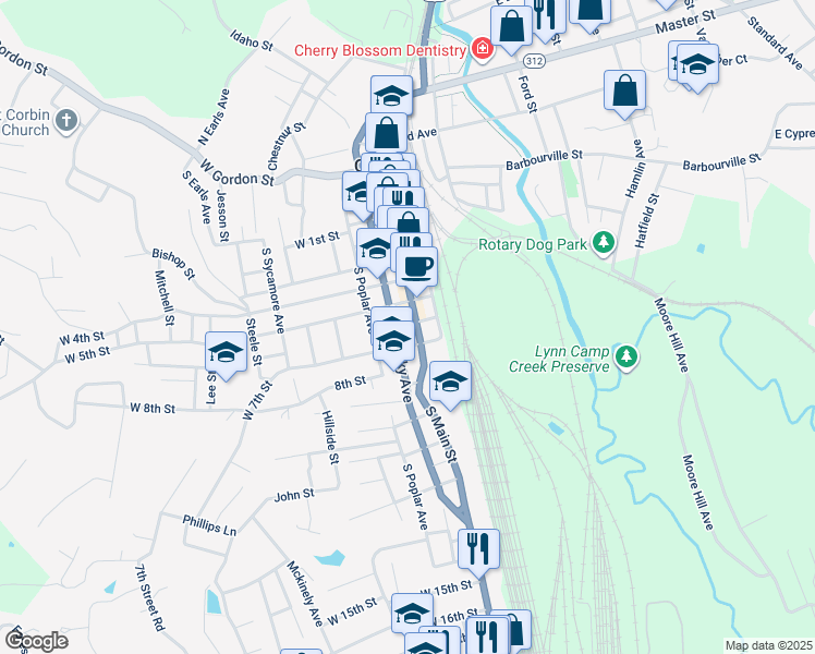 map of restaurants, bars, coffee shops, grocery stores, and more near 601 South Kentucky Avenue in Corbin