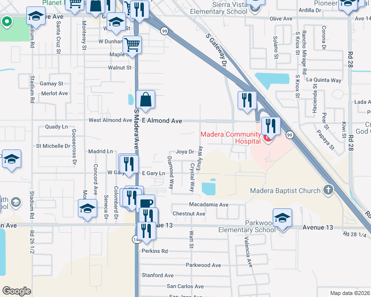 map of restaurants, bars, coffee shops, grocery stores, and more near 365 Joya Drive in Madera