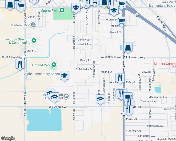 map of restaurants, bars, coffee shops, grocery stores, and more near 614 Saint Michelle Drive in Madera