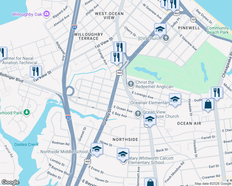 map of restaurants, bars, coffee shops, grocery stores, and more near 9115 Granby Street in Norfolk