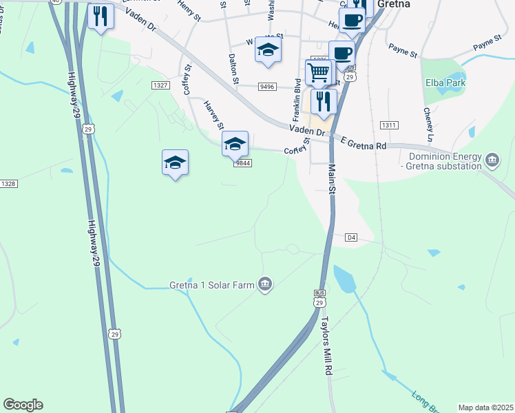 map of restaurants, bars, coffee shops, grocery stores, and more near 593 Floyd Bennett Farm Road in Gretna