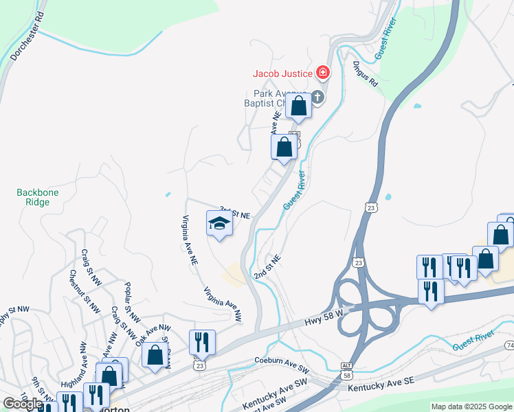 map of restaurants, bars, coffee shops, grocery stores, and more near 302-308 Park Avenue Northeast in Norton