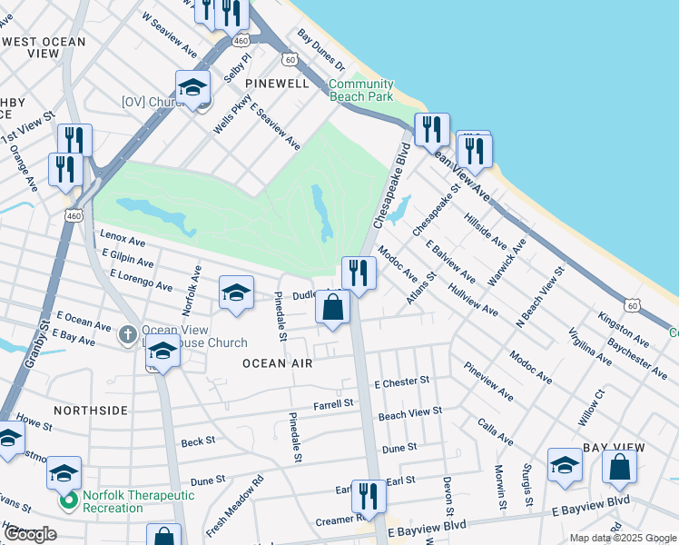 map of restaurants, bars, coffee shops, grocery stores, and more near 9305 Stephens Lane in Norfolk