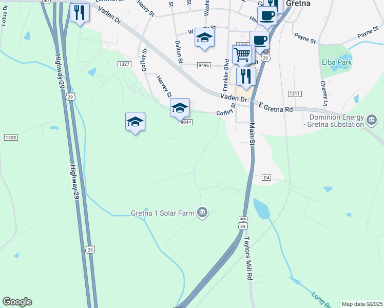 map of restaurants, bars, coffee shops, grocery stores, and more near 593 Floyd Bennett Farm Road in Gretna