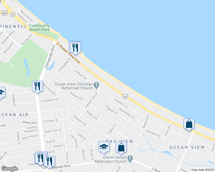 map of restaurants, bars, coffee shops, grocery stores, and more near 1325 East Ocean View Avenue in Norfolk