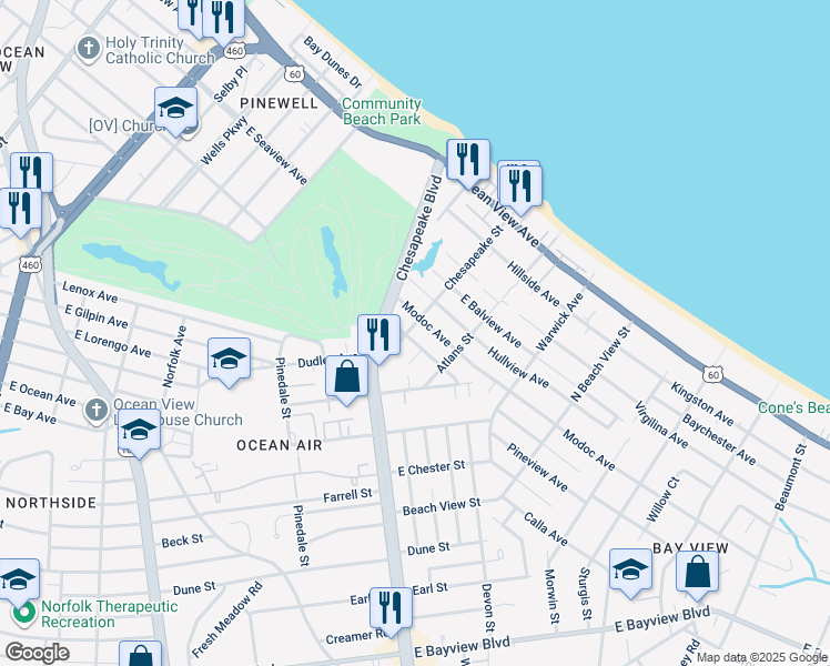 map of restaurants, bars, coffee shops, grocery stores, and more near 9404 Chesapeake Street in Norfolk