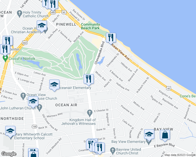 map of restaurants, bars, coffee shops, grocery stores, and more near 9404 Chesapeake Street in Norfolk