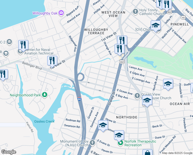map of restaurants, bars, coffee shops, grocery stores, and more near 164 West Leicester Avenue in Norfolk