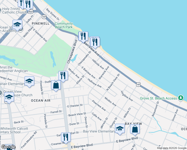 map of restaurants, bars, coffee shops, grocery stores, and more near 1127 East Balview Avenue in Norfolk