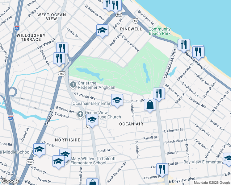 map of restaurants, bars, coffee shops, grocery stores, and more near 505 Lenox Avenue in Norfolk
