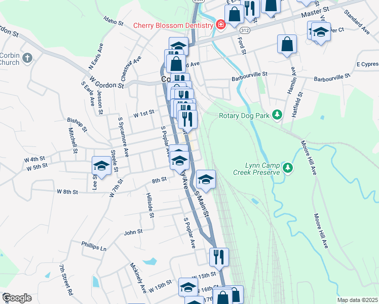 map of restaurants, bars, coffee shops, grocery stores, and more near 103 West 6th in Corbin