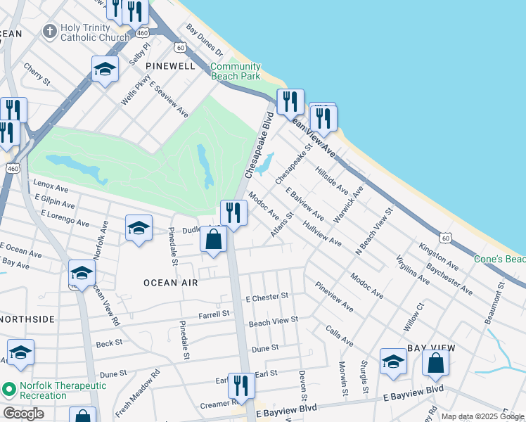 map of restaurants, bars, coffee shops, grocery stores, and more near 1019 Modoc Avenue in Norfolk