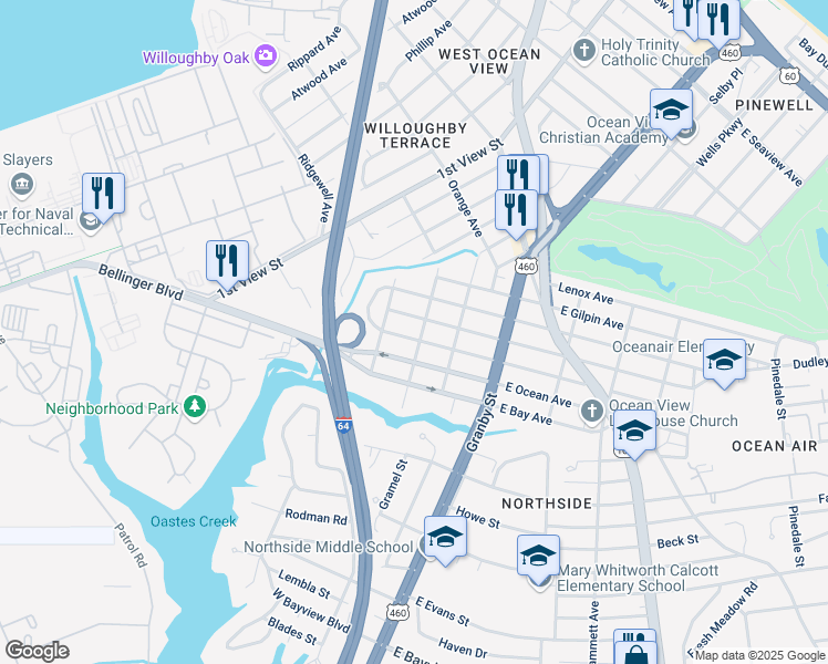 map of restaurants, bars, coffee shops, grocery stores, and more near 168 West Leicester Avenue in Norfolk