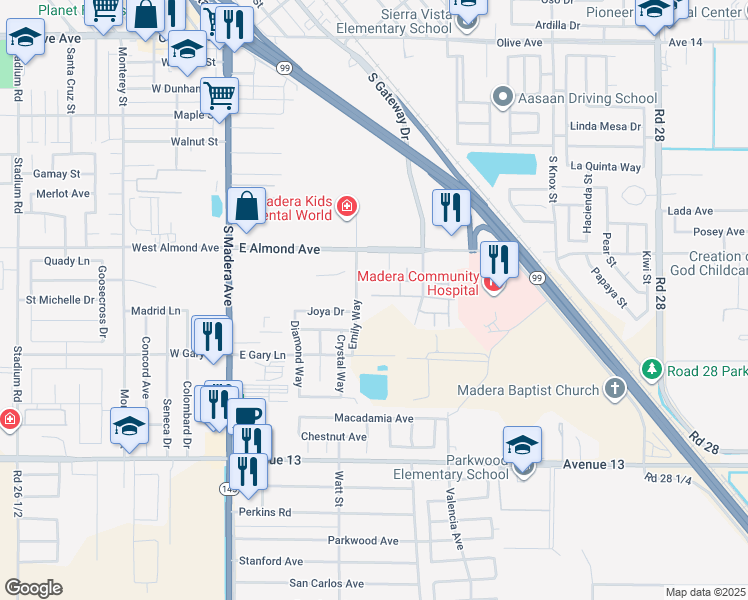 map of restaurants, bars, coffee shops, grocery stores, and more near Unnamed Road in Madera