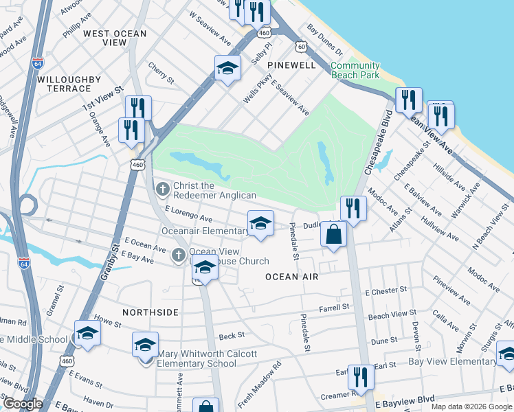 map of restaurants, bars, coffee shops, grocery stores, and more near 505 Lenox Avenue in Norfolk